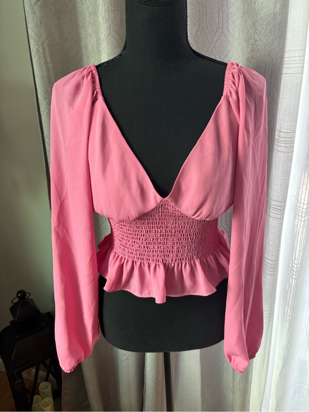 Wayf Bubblegum Pink Smocked Peplum Blouse - Picture 4 of 7